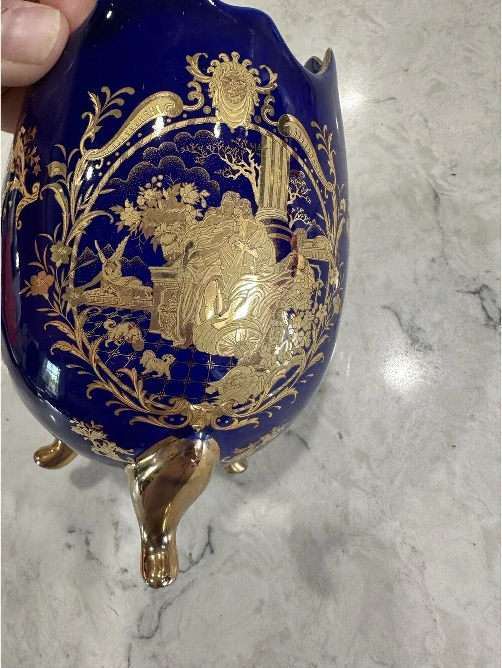 Vintage Limoges French Cobalt Blue Footed Egg Vase With 18k Or 22k Gold Accent